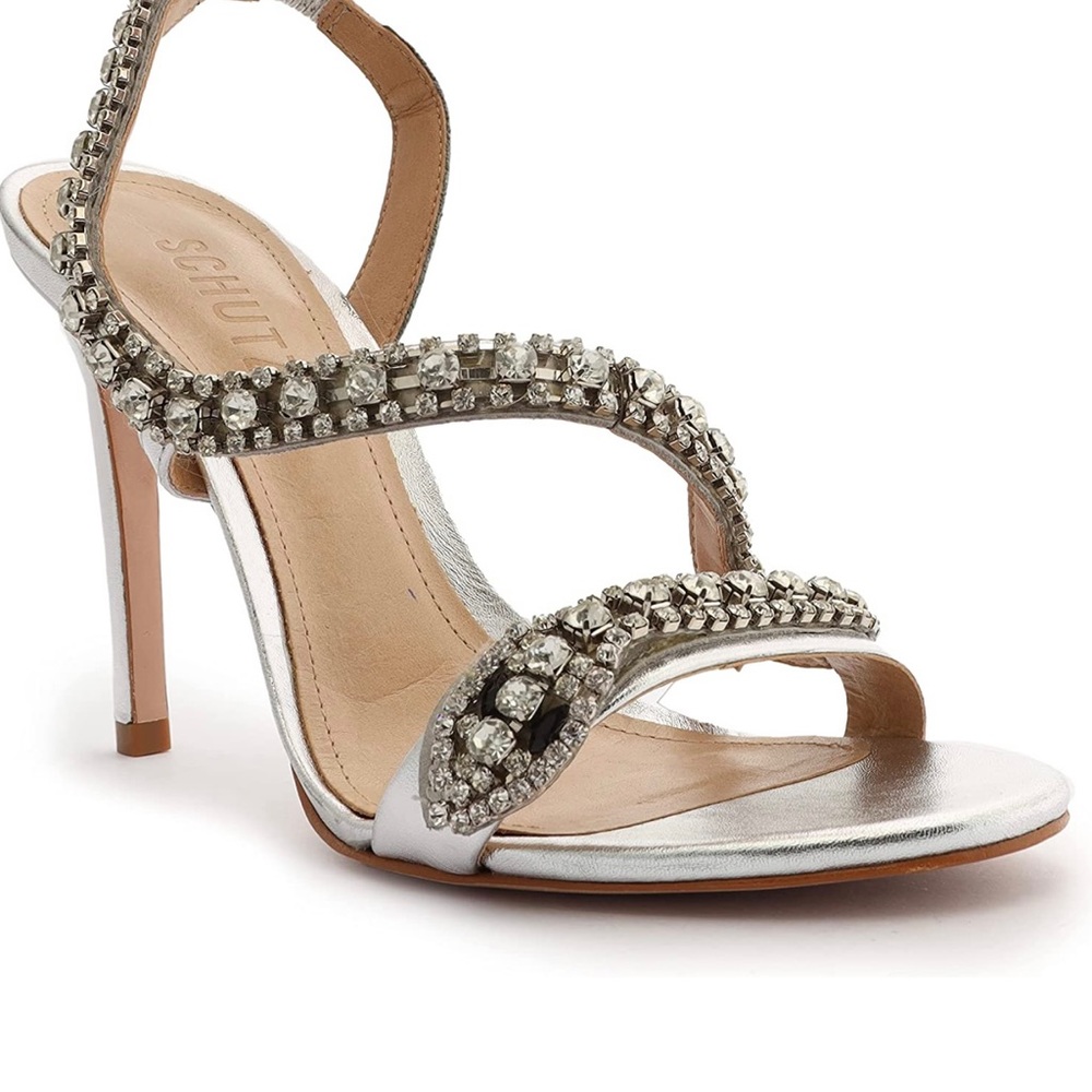 Schutz Metallic Leather & Crystals sandal Heels Size 8